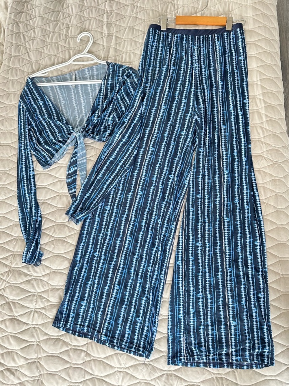 NWOT Blue Tie-Dye Mesh 2-Piece Beach Cover Set Crop Tie High-Waist Wide Leg Pant